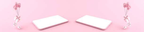 3D渲染的智能手机白色屏幕周围漂浮着粉红色气球的白色盒子。购物概念手机和可以填充的内容在白色手机屏幕上的粉红色背景图片下载