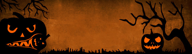 万圣节背景横幅宽全景全景模板-可怕的剪影雕刻夜光卡通南瓜和树木孤立在暗橙色灰尘纹理图片下载