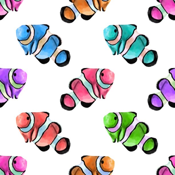 水彩画明亮的霓虹鱼。小丑鱼。组合成明亮的鱼图片下载