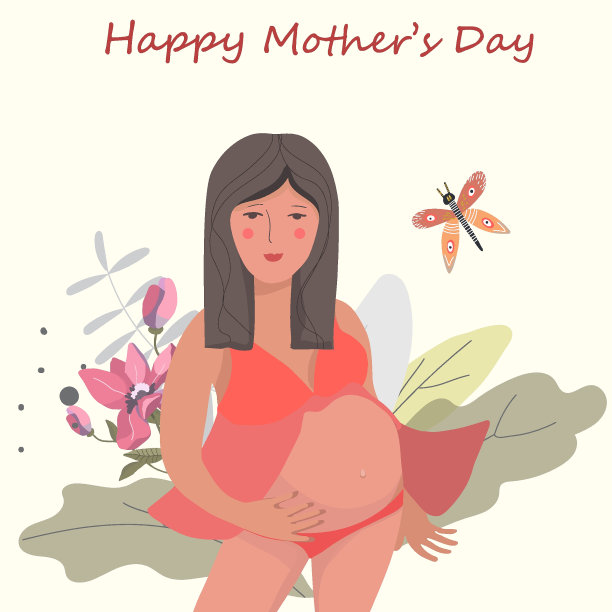 一个孕妇穿着衬衫，在花丛中，带着一只蝴蝶，画着母亲节矢量图。图片下载