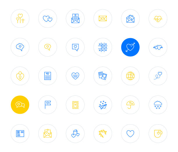 矢量描边爱的图标。浪漫的黄蓝色图标集图片下载