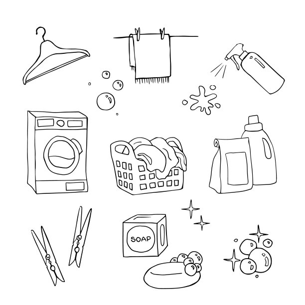 一套手绘黑白洗衣物品:洗衣机，洗涤剂，肥皂，clotgepin，喷雾器，泡沫。图片下载