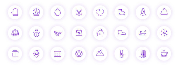 冬季紫色轮廓图标上的浅圆形按钮与紫色阴影。冬季图标设置的网页，移动应用程序，UI设计和打印图片下载