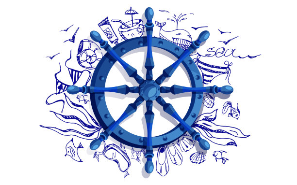 海上旅行和海滩度假的概念。方向盘在一个孤立的白色背景手绘卡通风格。创意矢量插图的EPS格式。图片下载