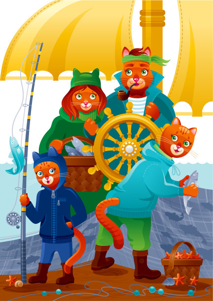 猫的渔夫。卡通船长在帆船。可爱的矢量儿童插图与动物水手。海船与钓鱼猫字符的孩子。有趣的夏天矢量鱼，水，儿童冒险图片下载