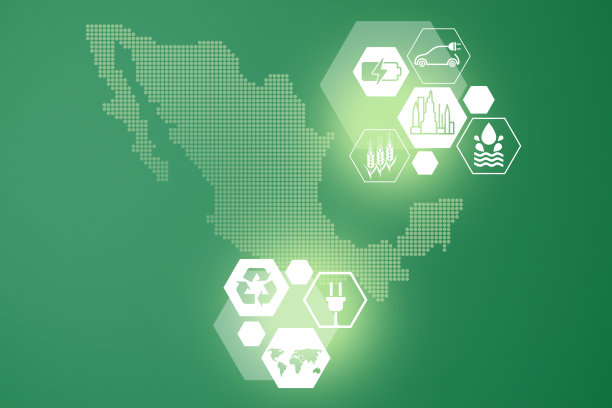 节能的概念。能源创新与未来工业发电图标图形界面。互动地图的墨西哥在绿色背景图片下载