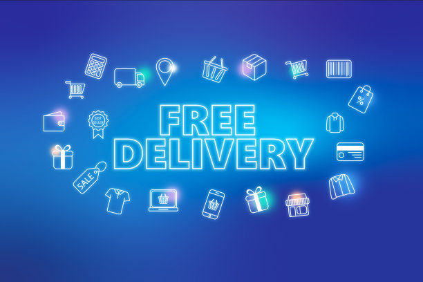 免费送货-电子商务网页横幅蓝色背景。各种购物图标。图片下载