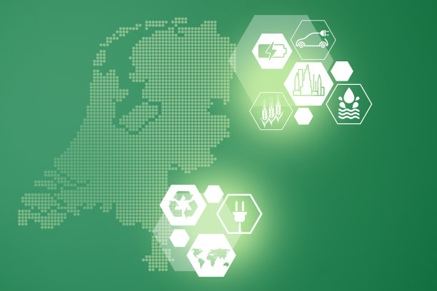 节能的概念。能源创新与未来工业发电图标图形界面。交互式地图上的绿色背景荷兰图片下载