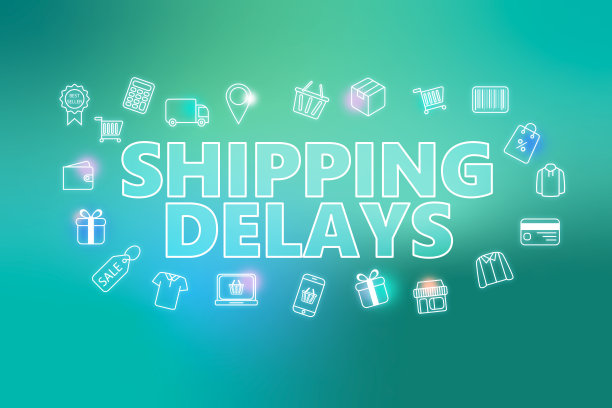 航运延误-电子商务网页横幅上的蓝绿色背景。各种购物图标。图片下载