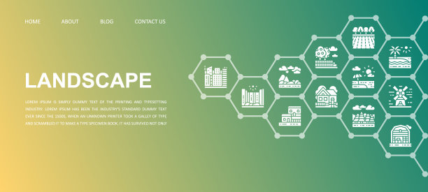 景观登陆页面模板。桥，森林，花园，火山，风车移动网站矢量插图。图片下载