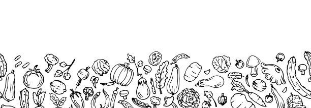 美味的蔬菜花园水果。食用植物。连续无缝的照片。底部边界在边缘。手绘轮廓。单色画。孤立在白色背景。向量图片下载