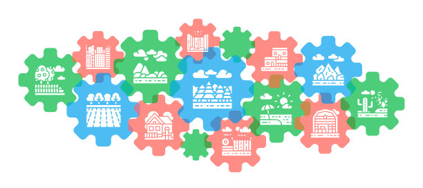 风景线图标横幅。桥，森林，花园，火山，风车图标设置孤立的白色背景。图片下载