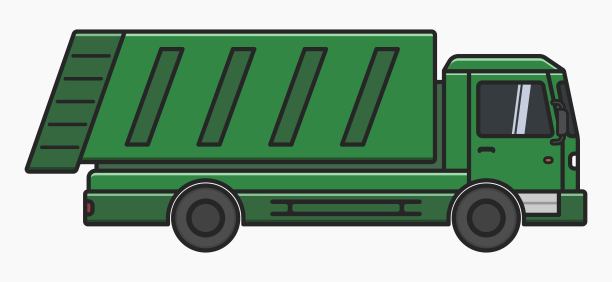 绿色城市垃圾场垃圾车侧面视图矢量平插图图片下载