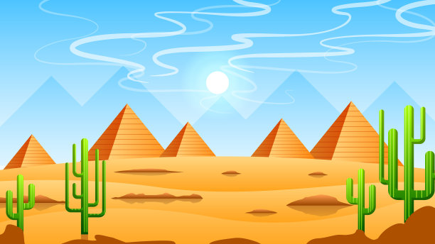 摘要天空道路在沙漠背景与沙山、金字塔和太阳的轮廓矢量设计风格的自然景观图片下载