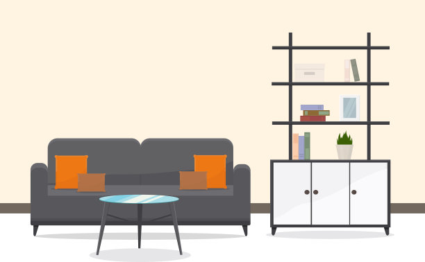 一个时尚的沙发与圆桌和书架的办公室室内图片下载