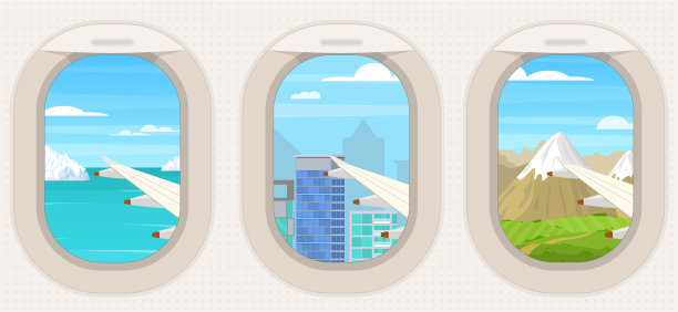 具有不同视角的卡通飞机舷窗图片下载
