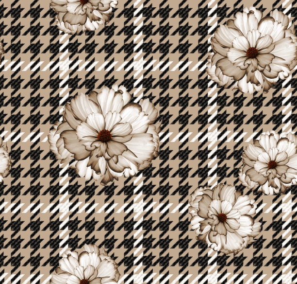 无缝犬牙花纹图案。带花的撬棍印刷插图。图片下载