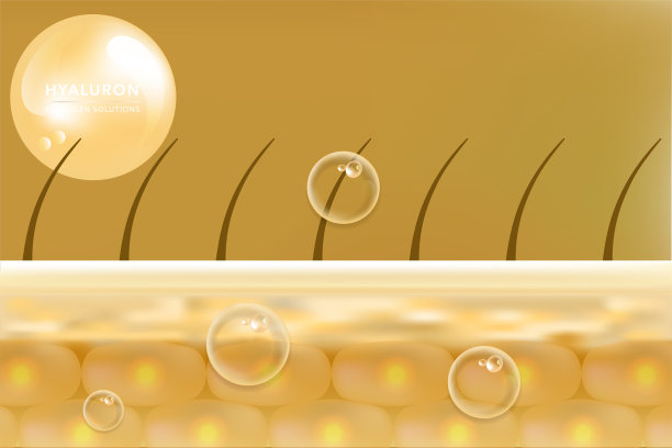 透明质酸发肤液广告，金胶原蛋白血清滴在皮肤细胞与化妆品广告背景准备使用，插图向量。图片下载