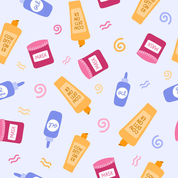 可爱和彩色矢量无缝手绘图案与化妆品的卷发女孩方法(卷发例行)。可用于，包装纸，床单，笔记本，包装，礼品纸。图片下载