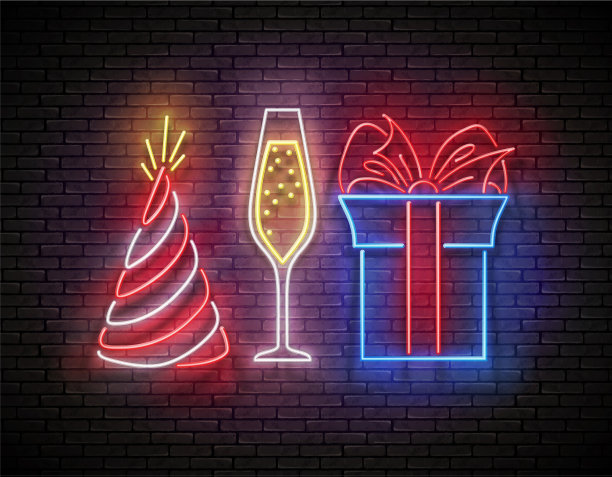 招牌与礼物香槟和节日帽图片下载