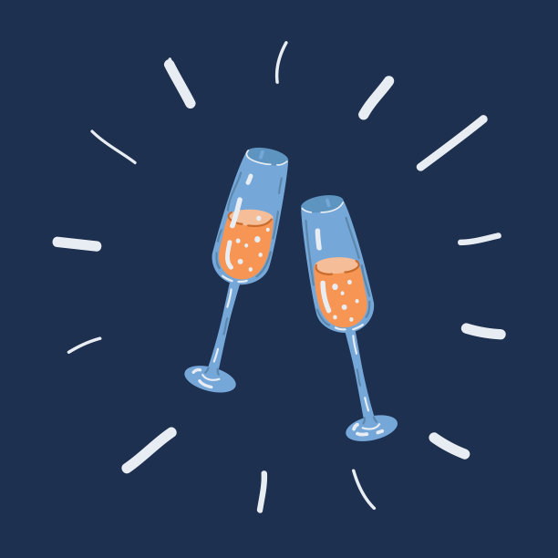 在黑暗的背景下，闪闪发光的香槟酒杯的矢量插图。图片下载