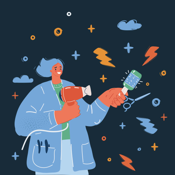 矢量插图的女人在美容院。理发师拿着梳子和扇子在黑暗的背景上。图片下载