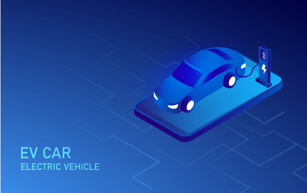 电动汽车，电动汽车，充电站的充电电池。生态环境的可持续绿色能源。未来的交通技术。图片下载