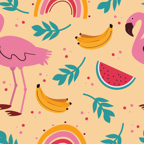 图案与火烈鸟和西瓜，香蕉。向量无缝的背景图片下载