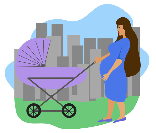 年轻的怀孕母亲走在婴儿车图片下载