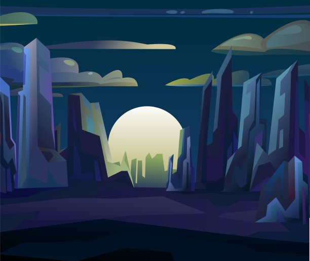 岩石峭壁景观。大的月亮。山上的夜景。卡通平的风格。黑暗的黄昏和黄昏。向量图片下载
