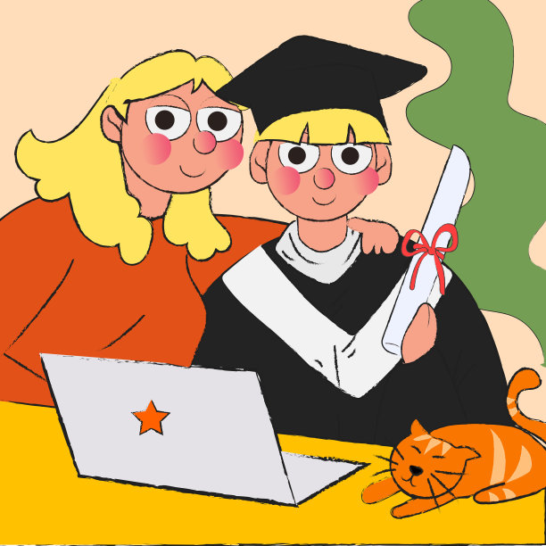 穿着毕业袍，手持学位证书的男学生和家人在笔记本电脑前图片下载