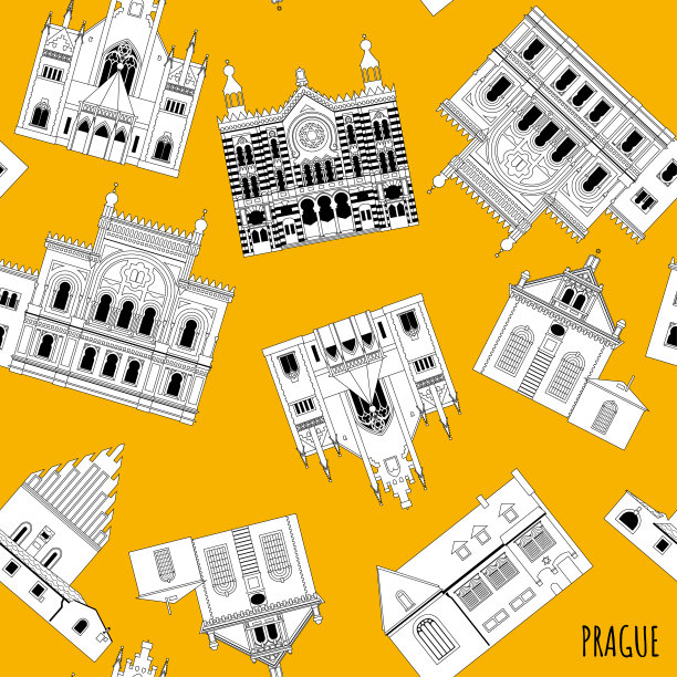 布拉格的犹太教堂(捷克共和国)。平卡斯犹太教堂，西班牙犹太教堂，老新犹太教堂，麦瑟尔犹太教堂，朱比利犹太教堂，克劳森犹太教堂。无缝的背景图案。图片下载