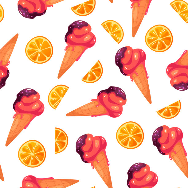 冰淇淋橙子水果夏季无缝覆盖包装图案。矢量卡通设计插画图片下载