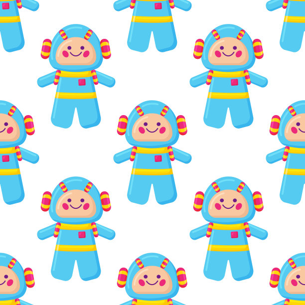 机器人，变压器玩具儿童无缝模式矢量卡通插图。适合儿童纺织或玩具店背景的机器人机械设计。矢量图图片下载