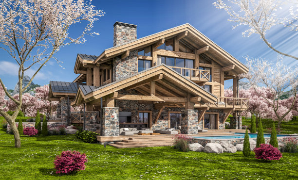 3d渲染现代舒适的小木屋在春天图片下载