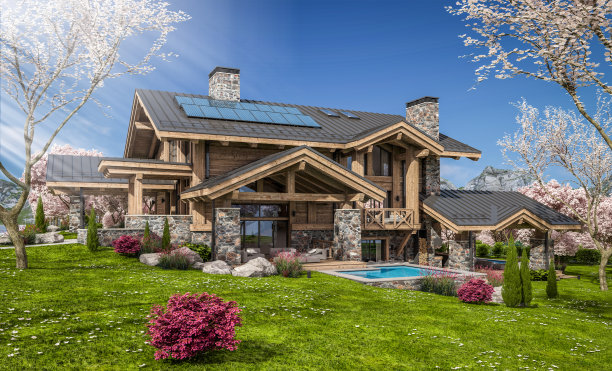 3d渲染现代舒适的小木屋在春天图片下载