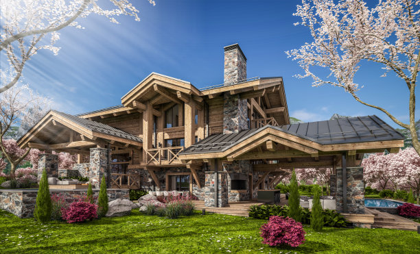 3d渲染现代舒适的小木屋在春天图片下载