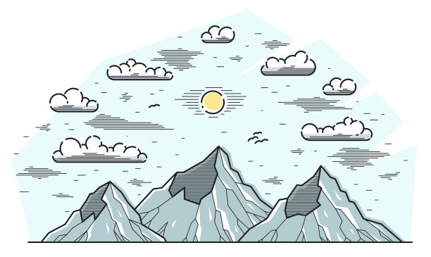 山峰线条艺术矢量插图孤立在白色上，线条插图山脉野生自然景观，户外徒步露营蚂蚁旅行主题。图片下载