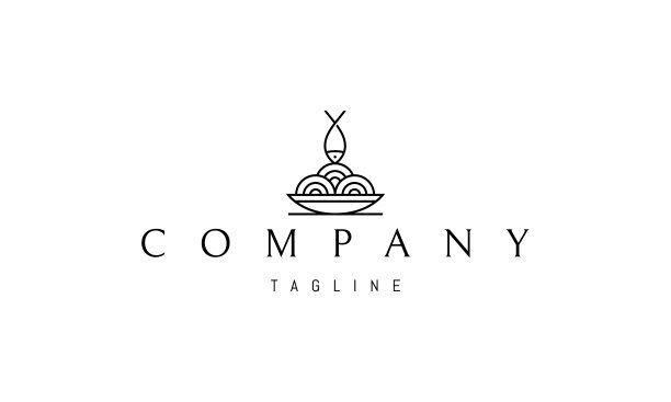 向量标志，上面是一个抽象的形象盘子与面条在上面是一条鱼。图片下载