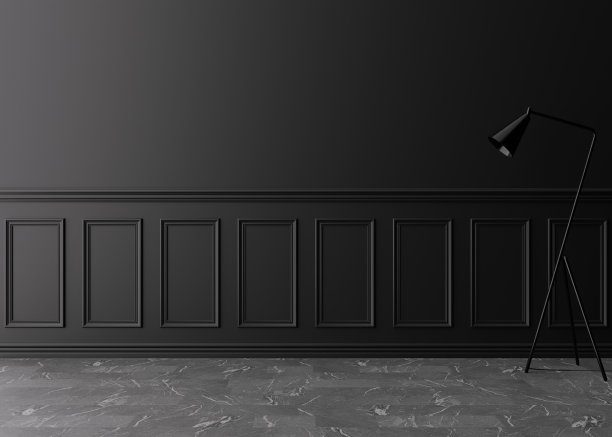 房间空无一人，黑色的墙壁镶着镶边，灰色的石头地板。只有墙壁、地板和灯。模型内部。免费，复制空间为您的家具，图片和其他对象。3 d渲染。图片下载