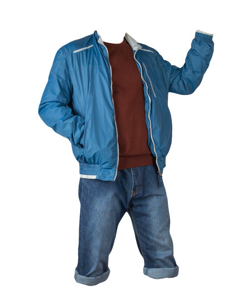 牛仔蓝色短裤，毛衣和夹克上的拉链孤立在白色背景图片下载