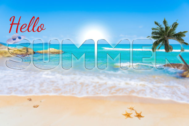 玻璃文本中的热带海滩图片下载