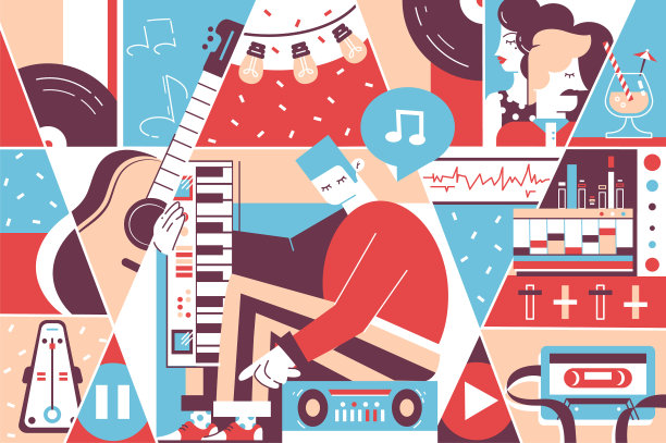 音乐背景乐器，音乐家和图片下载