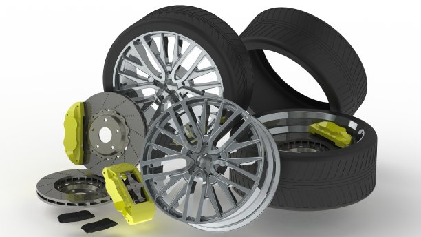 汽车车轮零件3D渲染孤立在白色背景上图片下载