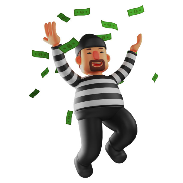 一个富有的3D小偷卡通人物有一吨的钱图片下载