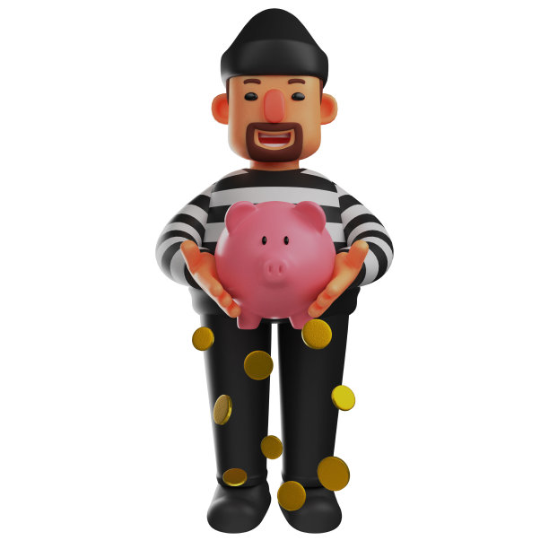 3D小偷卡通插图拿着一个存钱罐图片下载