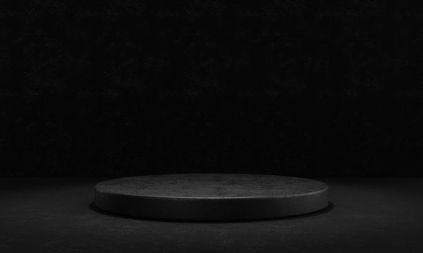 黑色水泥和混凝土舞台讲台与聚光灯和黑暗肮脏的墙壁背景。广告概念的抽象与客体。3 d演示呈现图片下载