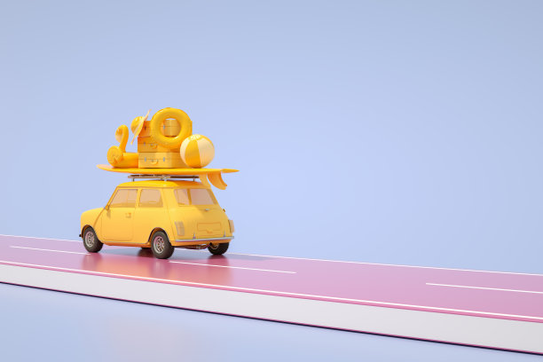 暑假之路与蓝色背景的汽车旅行概念图片下载