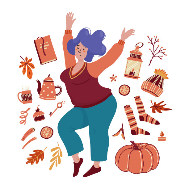 年轻胖乎乎的女人包围着秋天的物件图片下载