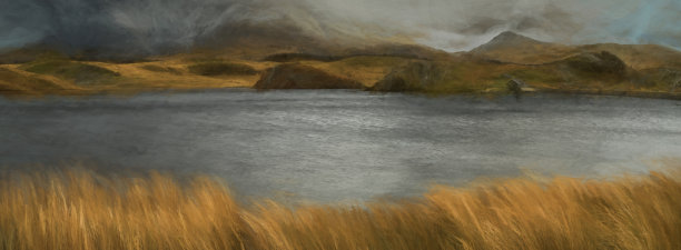 在威尔士斯诺登尼亚国家公园，Llyn y Dywarchen和斯诺登的全景数码画。图片下载